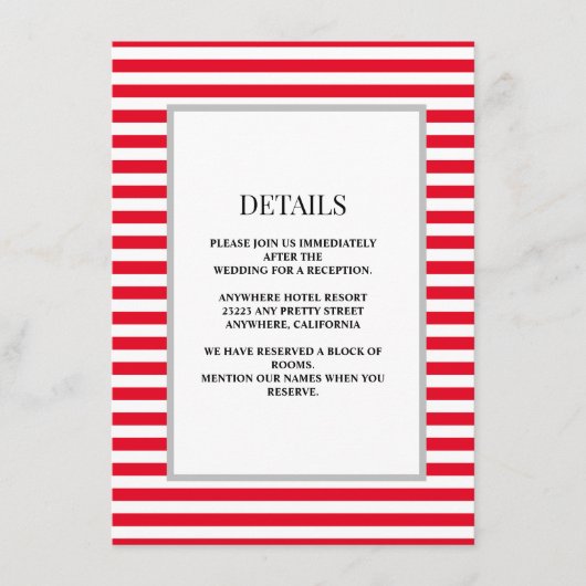 Rood/Wit Strepen Ingelijste Bruiloft Details Informatiekaartje (Voorkant)