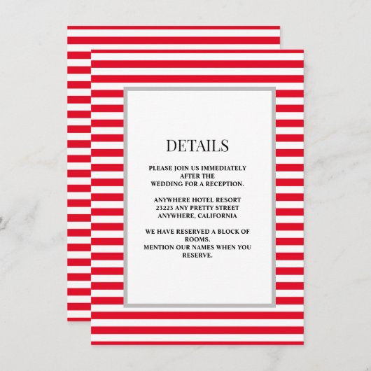 Rood/Wit Strepen Ingelijste Bruiloft Details Informatiekaartje (Voorkant / Achterkant)