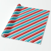 Rood Wit Turkoois Blauw Candy Cane Stripe Vakantie Cadeaupapier (Uitgerold)