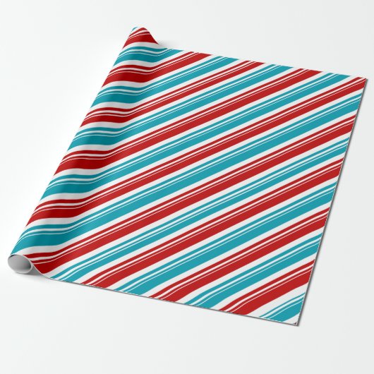 Rood Wit Turkoois Blauw Candy Cane Stripe Vakantie Cadeaupapier (Uitgerold)