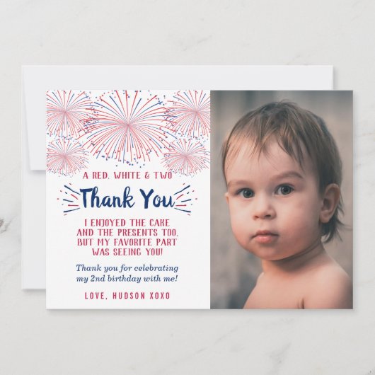 Rood, Wit & Twee 4 juli 2 Verjaardag Foto Bedankkaart (Voorkant)