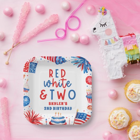 Rood, Wit & Twee 4 juli 2 Verjaardagsfeest Papieren Bordje (Feest)