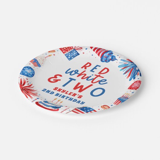 Rood, Wit & Twee 4 juli 2 Verjaardagsfeest Papieren Bordje (Gekanteld)