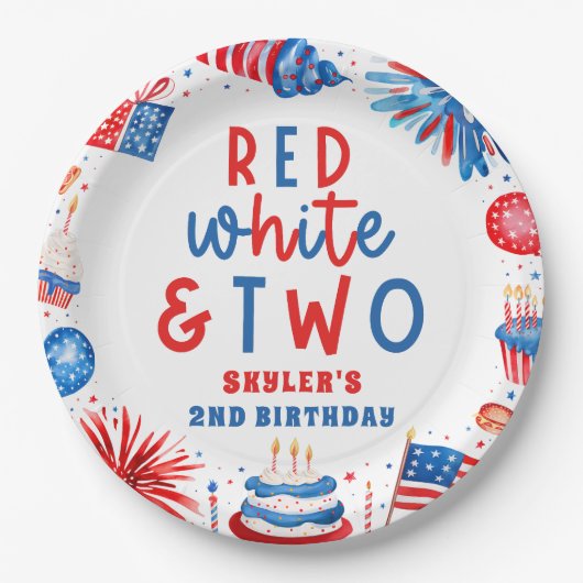 Rood, Wit & Twee 4 juli 2 Verjaardagsfeest Papieren Bordje (Voorkant)