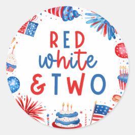 Rood, Wit & Twee 4 juli 2 Verjaardagsfeest Ronde Sticker