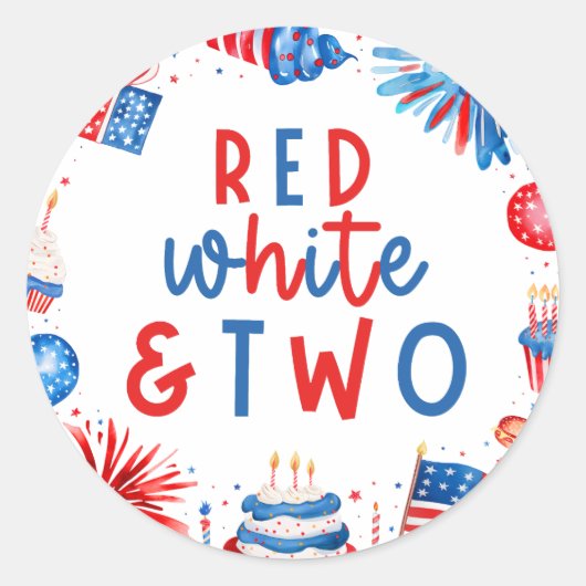 Rood, Wit & Twee 4 juli 2 Verjaardagsfeest Ronde Sticker (Voorkant)