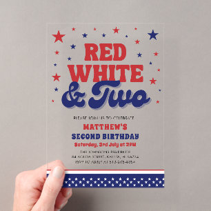 Rood, Wit & Twee 4 juli 2e verjaardagsfeestje Acryl Uitnodigingen