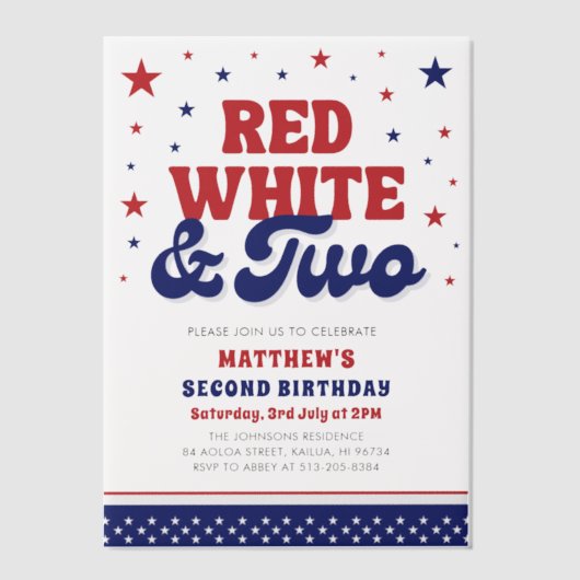 Rood, Wit & Twee 4 juli 2e verjaardagsfeestje Vellum Uitnodigingen (Voorkant)