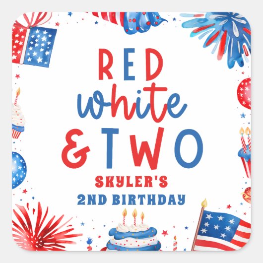 Rood, Wit & Twee 4 juli 2e verjaardagsfeestje Vierkante Sticker (Voorkant)