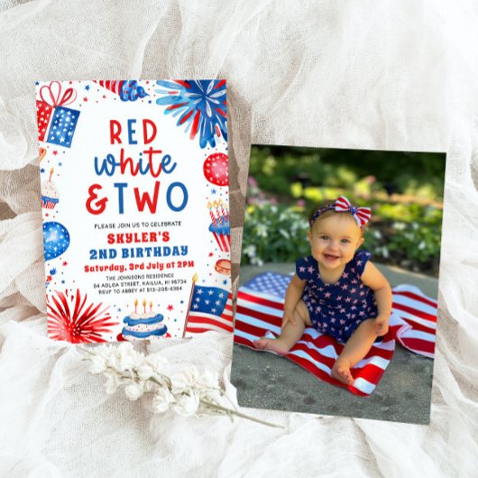Rood, Wit & Twee 4th Juli 2nd Foto Verjaardagsfees Kaart