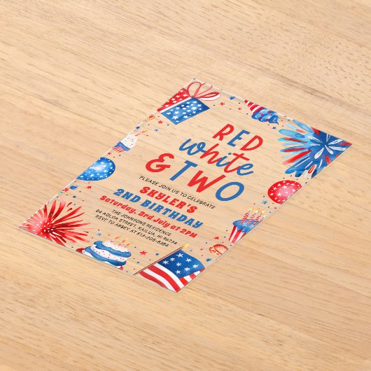 Rood, Wit & Twee 4th Juli 2nd Verjaardagsfeest Acryl Uitnodigingen (Laagn)