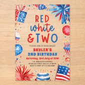 Rood, Wit & Twee 4th Juli 2nd Verjaardagsfeest Acryl Uitnodigingen (Voorkant)