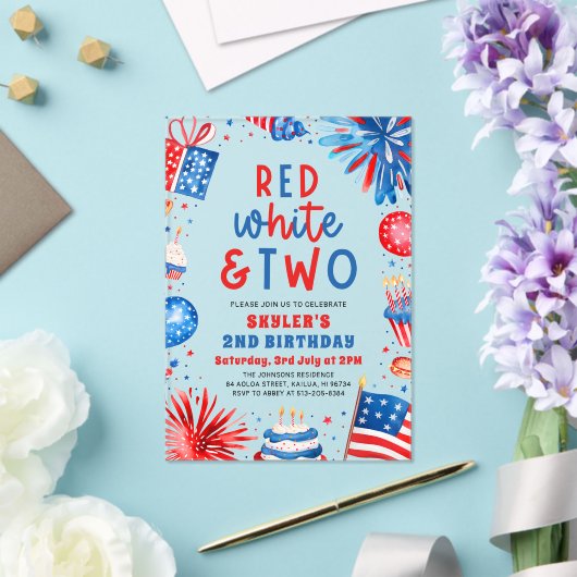 Rood, Wit & Twee 4th Juli 2nd Verjaardagsfeest Acryl Uitnodigingen (Insitu (Huwelijk))