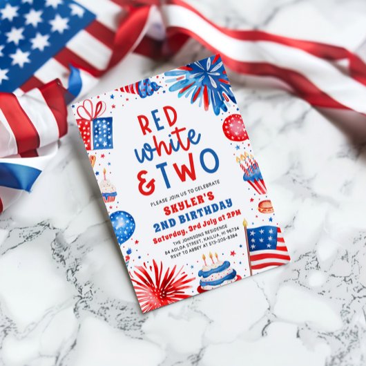 Rood, Wit & Twee 4th Juli 2nd Verjaardagsfeest Kaart