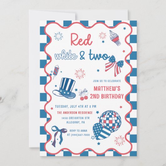 Rood, Wit & Twee 4th Juli 2nd Verjaardagsfeest Kaart (Voorkant)