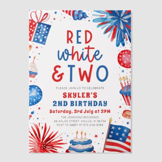 Rood, Wit & Twee 4th Juli 2nd Verjaardagsfeest Vellum Uitnodigingen (Voorkant)