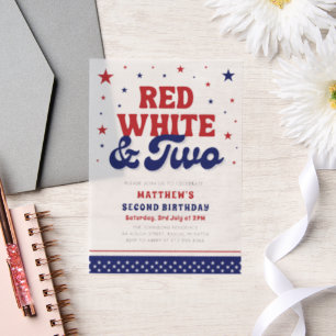 Rood, Wit & Twee 4th Juli 2nd Verjaardagsfeest Vellum Uitnodigingen
