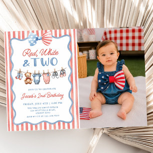 Rood Wit & Twee Patriottische 2de Verjaardagsfoto Kaart