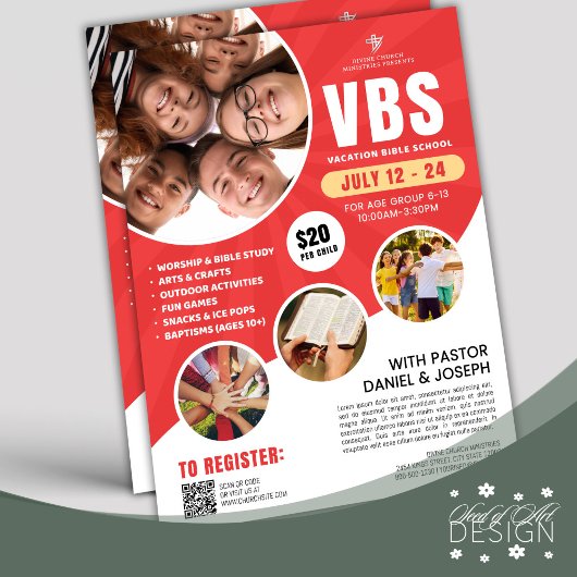 Rood & Wit VBS Vakantie Bijbel School Kerk Jeugd Flyer