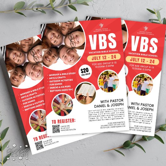 Rood & Wit VBS Vakantie Bijbel School Kerk Jeugd Flyer
