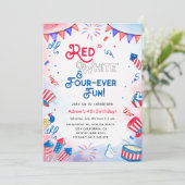 Rood, wit, vier keer leuk, vierde verjaardag kaart (Staand voorkant)