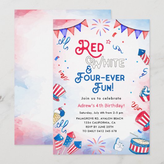 Rood, wit, vier keer leuk, vierde verjaardag kaart (Voorkant / Achterkant)