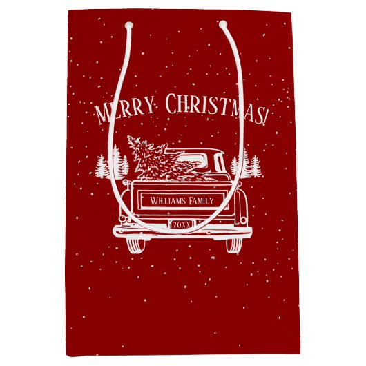  rood wit vrachtwagen vrolijk kerstfeest medium cadeauzakje (Voorkant)