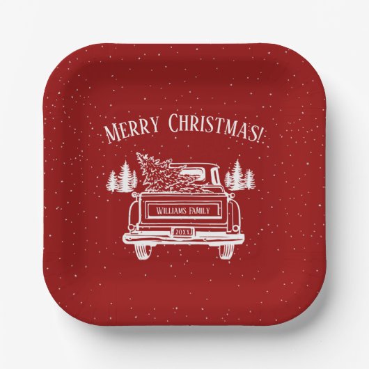 rood wit vrachtwagen vrolijk kerstfeest papieren bordje (Voorkant)