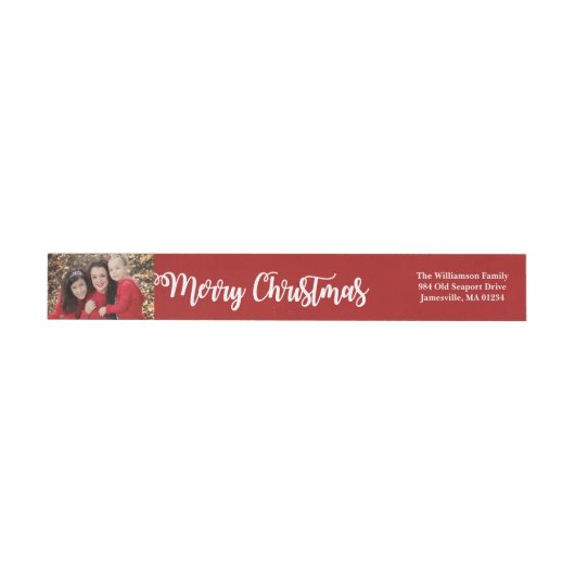 Rood Wit Vrolijk Kerstfeest Fotowrap Rond Labels (Individueel)