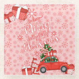 ROOD & WIT VROLIJK KERSTMIS AUTOBOOM CADEAUS GLAZEN ONDERZETTER