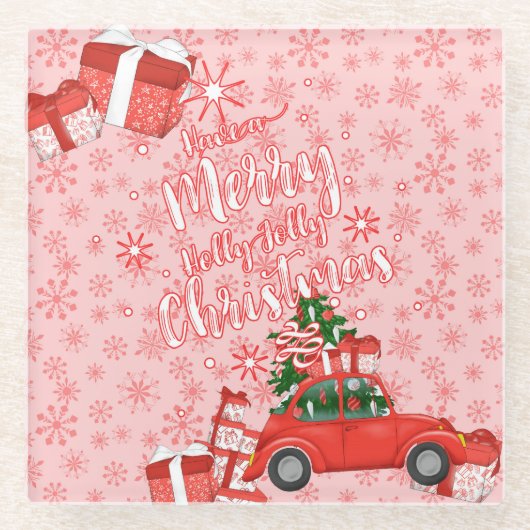 ROOD & WIT VROLIJK KERSTMIS AUTOBOOM CADEAUS GLAZEN ONDERZETTER (Voorkant)