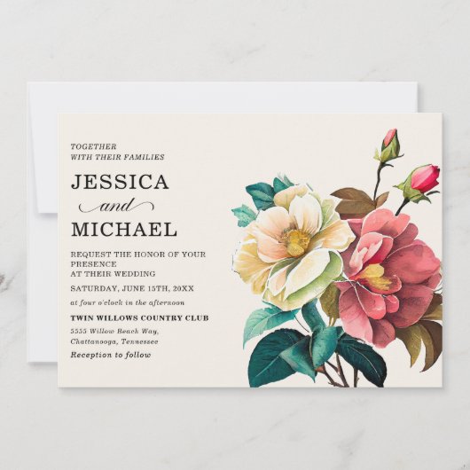 Rood Wit Waterverf Bloemenbruiloft Kaart (Voorkant)