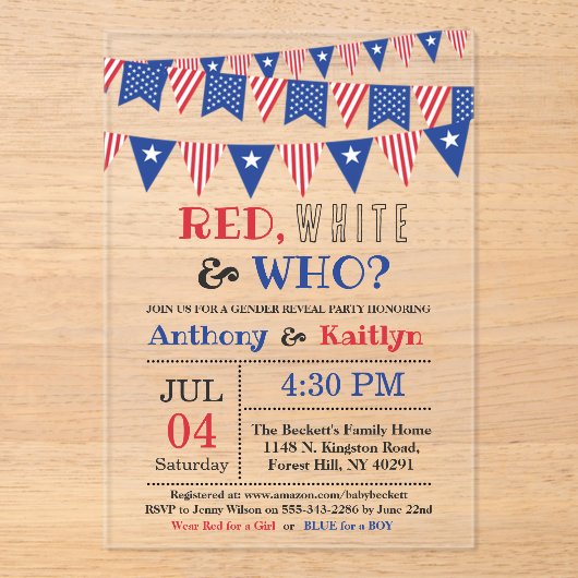 Rood, Wit & Wie? 4 juli Geslacht onthullen Partij Acryl Uitnodigingen (Voorkant)