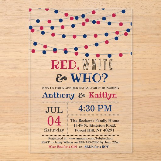 Rood, Wit & Wie? 4 juli Geslacht onthullen Partij Acryl Uitnodigingen (Voorkant)