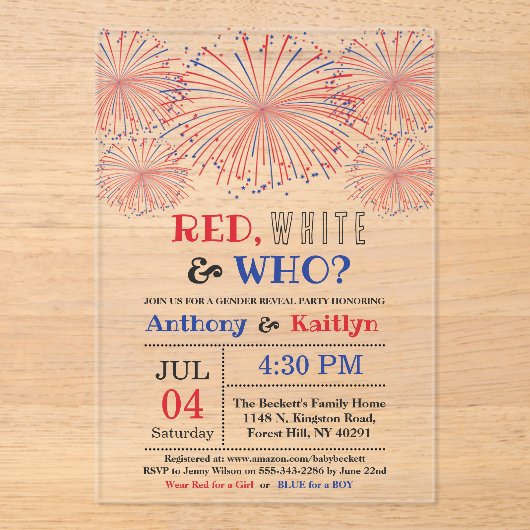 Rood, Wit & Wie? 4 juli Geslacht onthullen Partij Acryl Uitnodigingen (Voorkant)