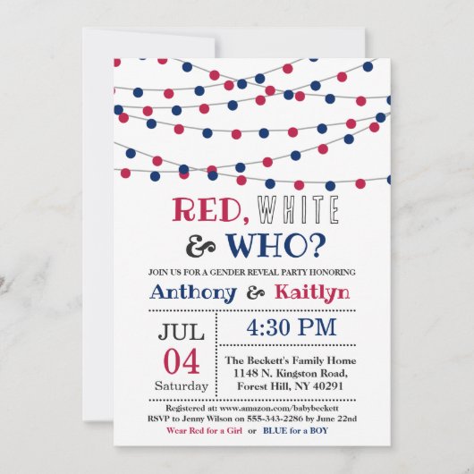 Rood, Wit & Wie? 4 juli Geslacht onthullen Partij Kaart (Voorkant)