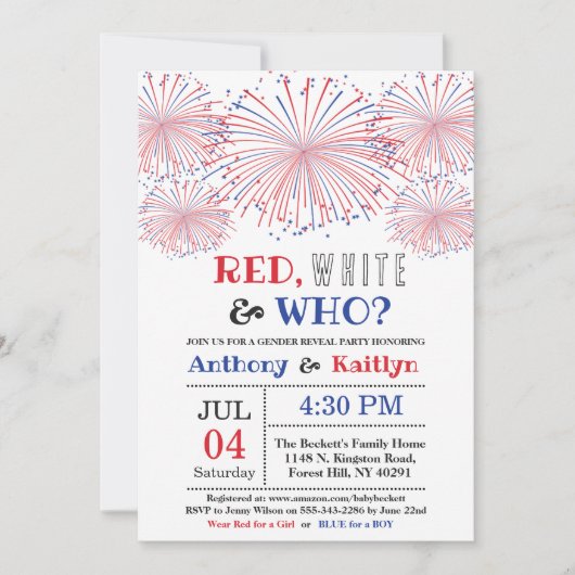 Rood, Wit & Wie? 4 juli Geslacht onthullen Partij Kaart (Voorkant)