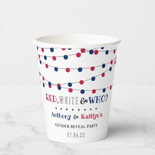 Rood, Wit & Wie? 4 juli Geslacht onthullen Partij Papieren Bekers (Voorkant)