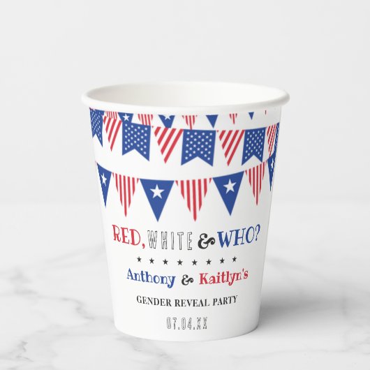 Rood, Wit & Wie? 4 juli Geslacht onthullen Partij Papieren Bekers (Achterkant)