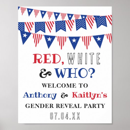 Rood, Wit & Wie? 4 juli Geslacht onthullen Partij Poster (Voorkant)