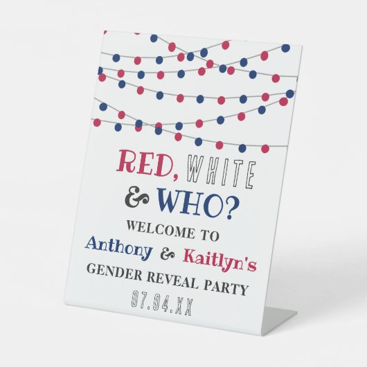 Rood, Wit & Wie? 4 juli Geslacht onthullen Partij Reclamebord Met Voetstuk (Voorkant)