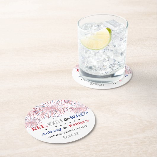 Rood, Wit & Wie? 4 juli Geslacht onthullen Partij Ronde Kartonnen Onderzetter (Insitu)