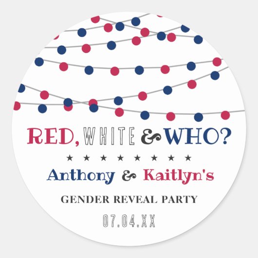 Rood, Wit & Wie? 4 juli Geslacht onthullen Partij Ronde Sticker (Voorkant)