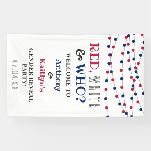 Rood, Wit & Wie? 4 juli Geslacht onthullen Partij Spandoek (Horizontaal)