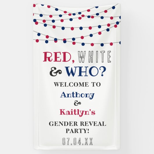 Rood, Wit & Wie? 4 juli Geslacht onthullen Partij Spandoek (Verticaal)