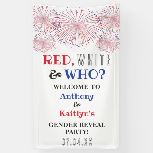 Rood, Wit & Wie? 4 juli Geslacht onthullen Partij Spandoek (Verticaal)