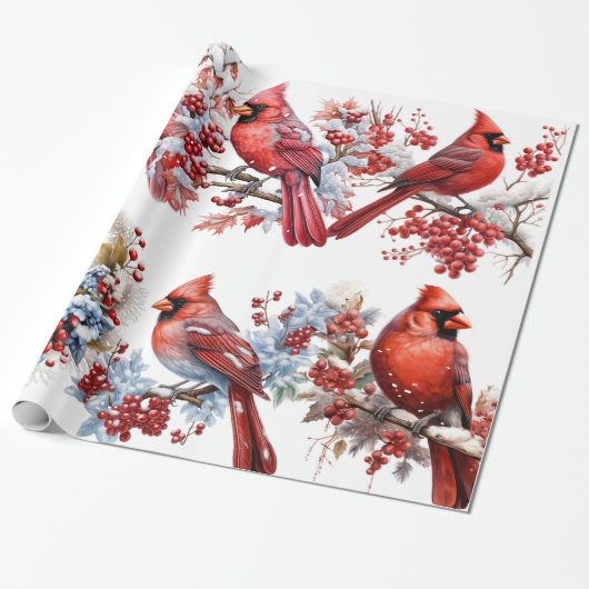 Rood Wit Winter Wonderland Kardinalen Kerstmis Cadeaupapier (Uitgerold)