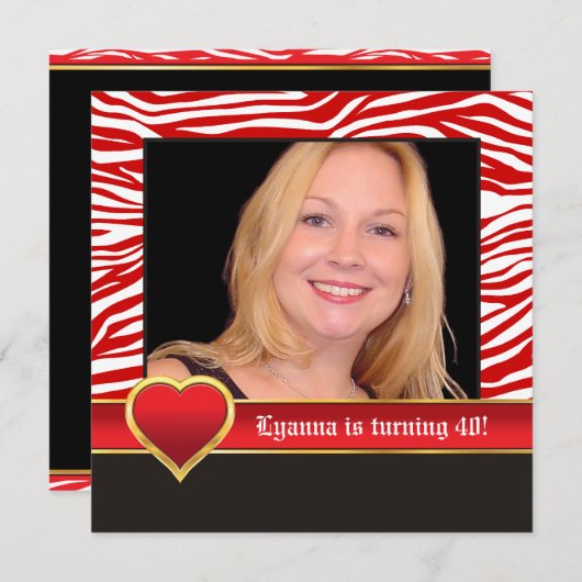 Rood, wit zebra & hart 40e verjaardag foto kaart (Voorkant / Achterkant)