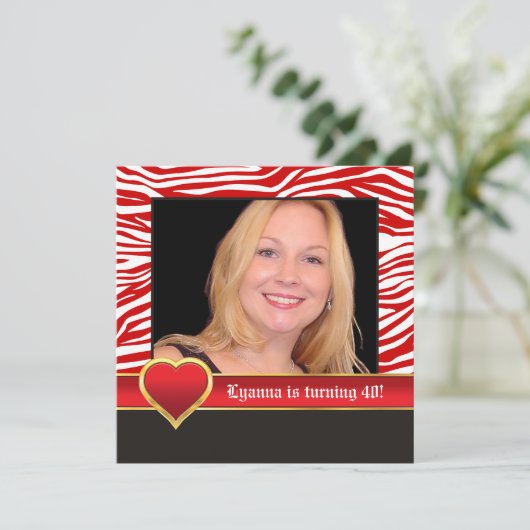 Rood, wit zebra & hart 40e verjaardag foto kaart (Staand voorkant)