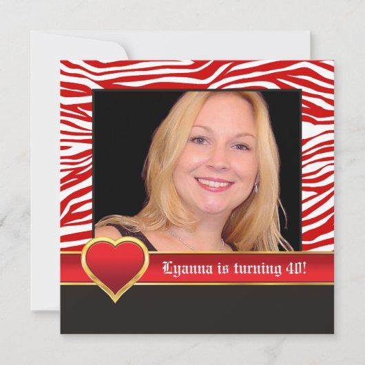Rood, wit zebra & hart 40e verjaardag foto kaart (Voorkant)